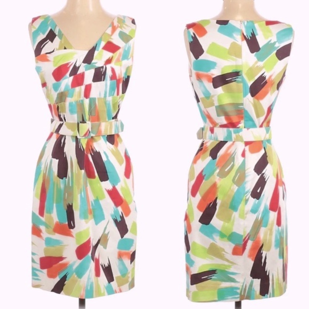 NEW David Meister Dress Multicolor Abstract Print Cotton Sleeveless Dress Belted